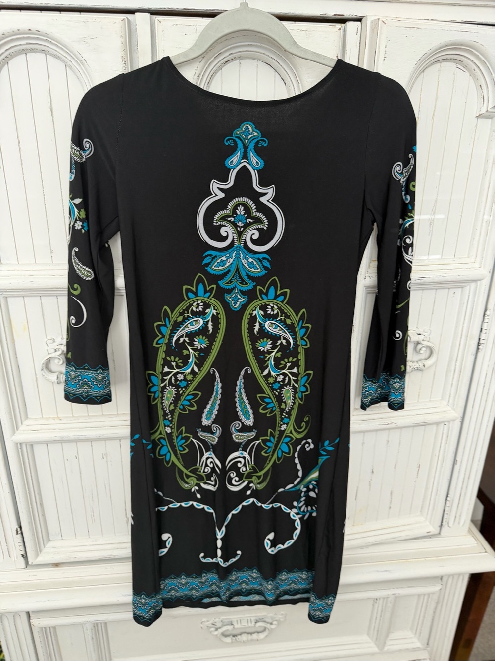 London Times Black Long-Sleeve Paisley Print Dress with Teal & Lime Accents